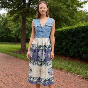 Vintage 90s Rare Boho Sleeveless Denim Aztec Blue Gray Maxi Dress Womens Medium